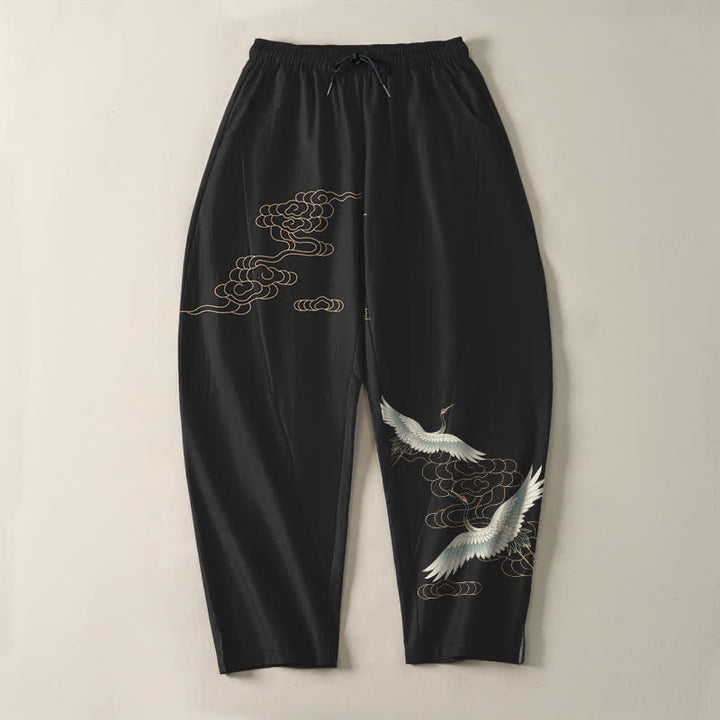 Buddha Stones Pantalones de hombre de algodón puro con estampado de grullas voladoras y nubes, con cordón ajustable y corte cónico, bolsillos. - image 13