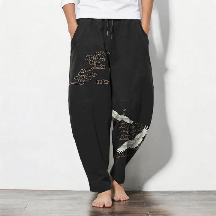 Buddha Stones Pantalones de hombre de algodón puro con estampado de grullas voladoras y nubes, con cordón ajustable y corte cónico, bolsillos. - Negro - US/UK/AU50, EU60 (5XL) - image 11