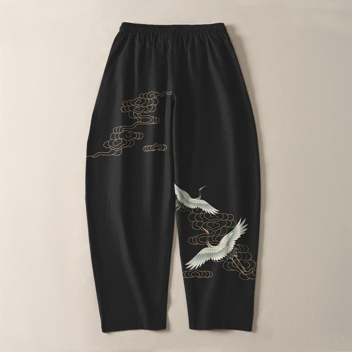 Buddha Stones Pantalones de hombre de algodón puro con estampado de grullas voladoras y nubes, con cordón ajustable y corte cónico, bolsillos. - image 14