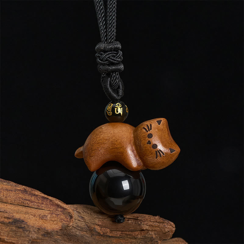 Buddha Stones Collar con colgante de cuerda protectora con cuentas de sándalo, gato, obsidiana negra, Om Mani Padme Hum y gato. - image 2