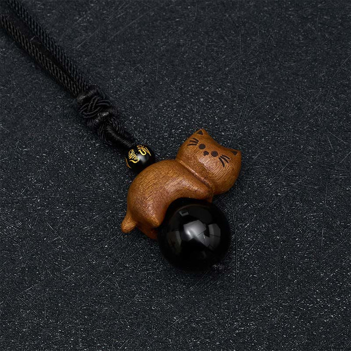Buddha Stones Collar con colgante de cuerda protectora con cuentas de sándalo, gato, obsidiana negra, Om Mani Padme Hum y gato. - image 3