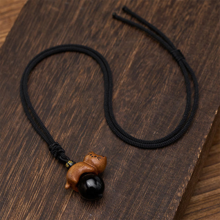 Buddha Stones Collar con colgante de cuerda protectora con cuentas de sándalo, gato, obsidiana negra, Om Mani Padme Hum y gato. - image 4