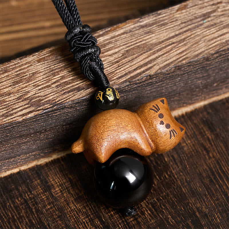 Buddha Stones Collar con colgante de cuerda protectora con cuentas de sándalo, gato, obsidiana negra, Om Mani Padme Hum y gato. - image 1