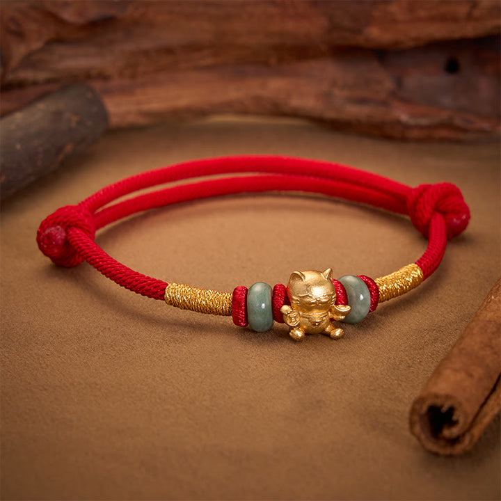 Buddha Stones Pulsera de cuentas de gato de la suerte tejida a mano con hilo rojo - image 1