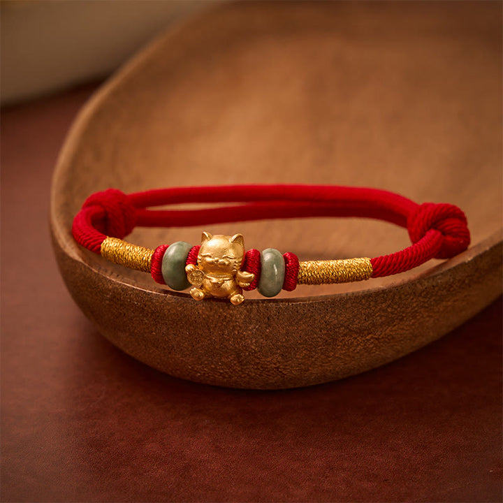 Pulsera de cuentas de jade con forma de gato de la suerte, tejida a mano con hilo rojo y Buddha Stones. - image 3