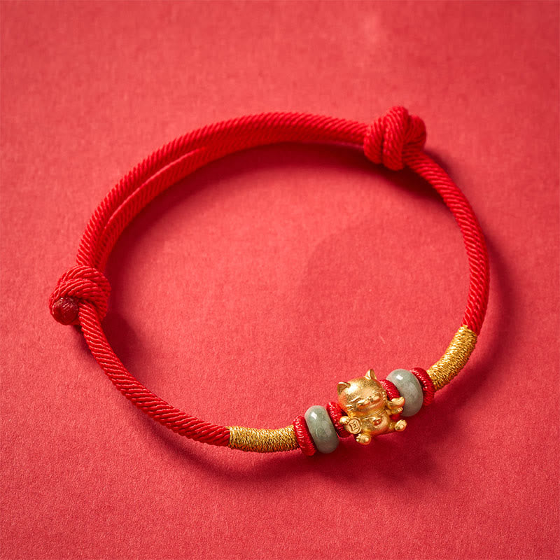 Pulsera de cuentas de jade con forma de gato de la suerte, tejida a mano con hilo rojo y Buddha Stones. - image 4