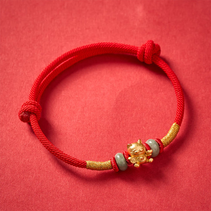 Pulsera de cuentas de jade con forma de gato de la suerte, tejida a mano con hilo rojo y Buddha Stones. - image 4