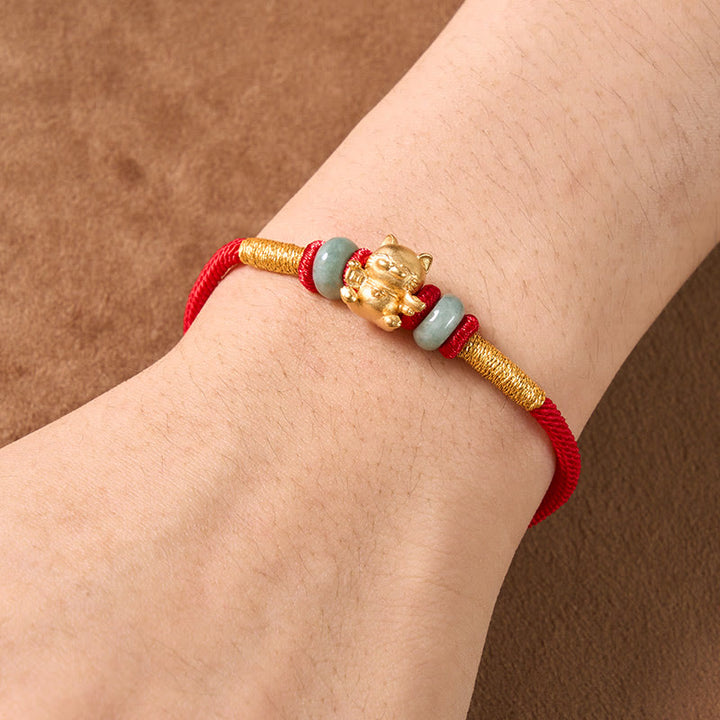 Pulsera de cuentas de jade con forma de gato de la suerte, tejida a mano con hilo rojo y Buddha Stones. - image 9