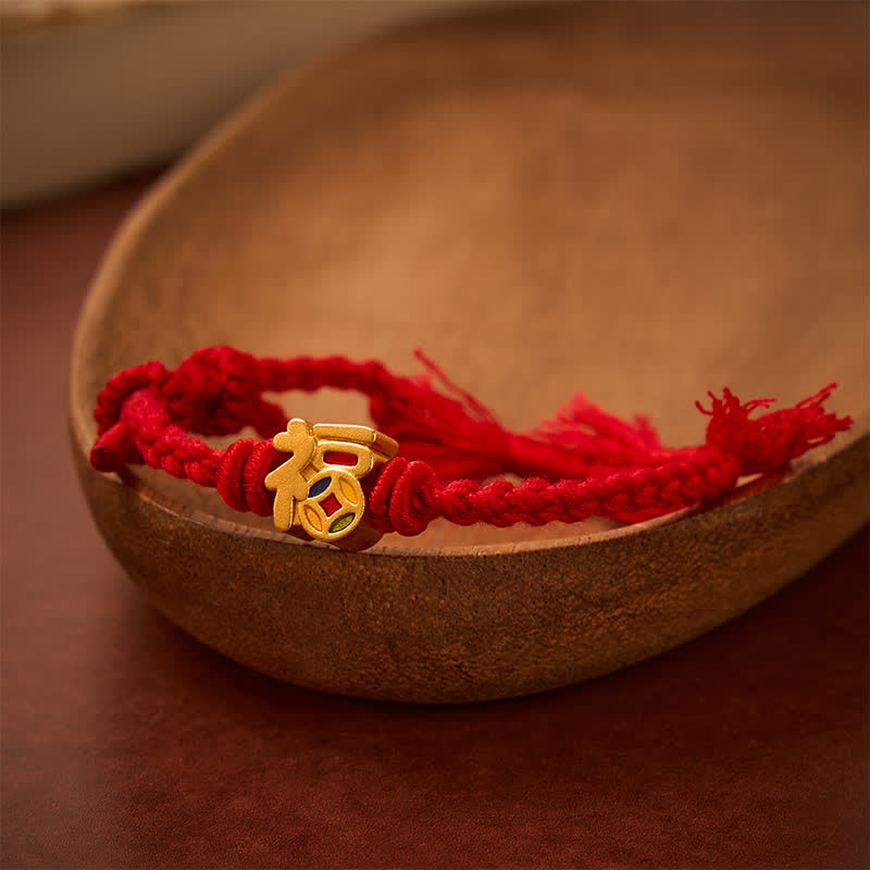 Buddha Stones Pulsera ajustable de equilibrio de cuerda roja con personaje Fu, Tíbet - image 1