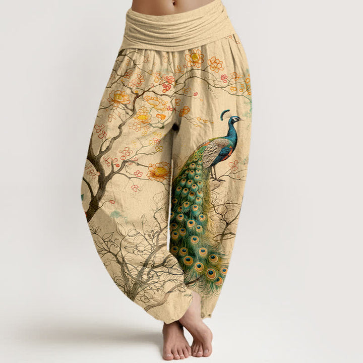 Buddha Stones Pantalones harem de algodón con estampado floral de pavo real y ramas para mujer, con cintura elástica. - Trigo - US16，UK/AU20，EU48 (3XL) - image 0