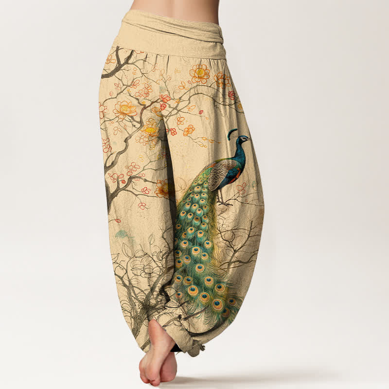 Buddha Stones Pantalones harem de algodón con estampado floral de pavo real y ramas para mujer, con cintura elástica. - image 2