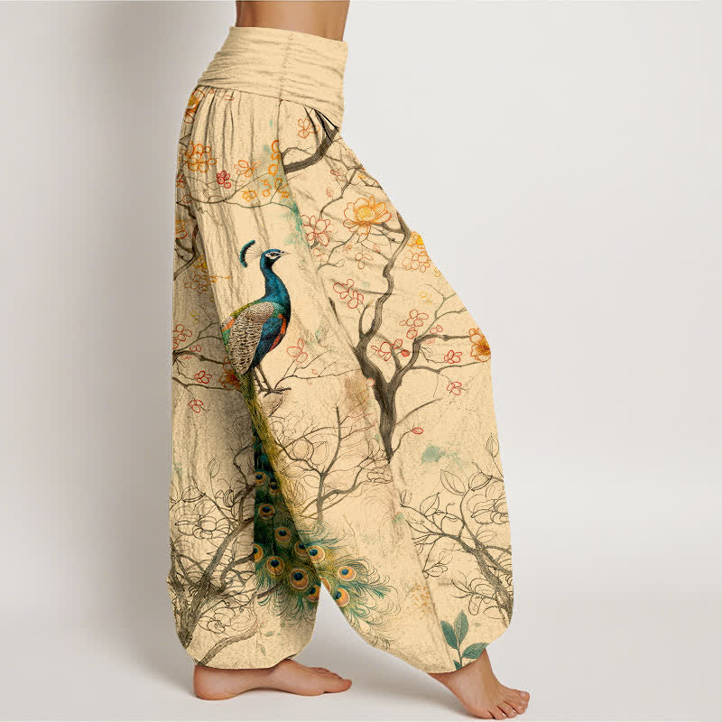 Buddha Stones Pantalones harem de algodón con estampado floral de pavo real y ramas para mujer, con cintura elástica. - image 1