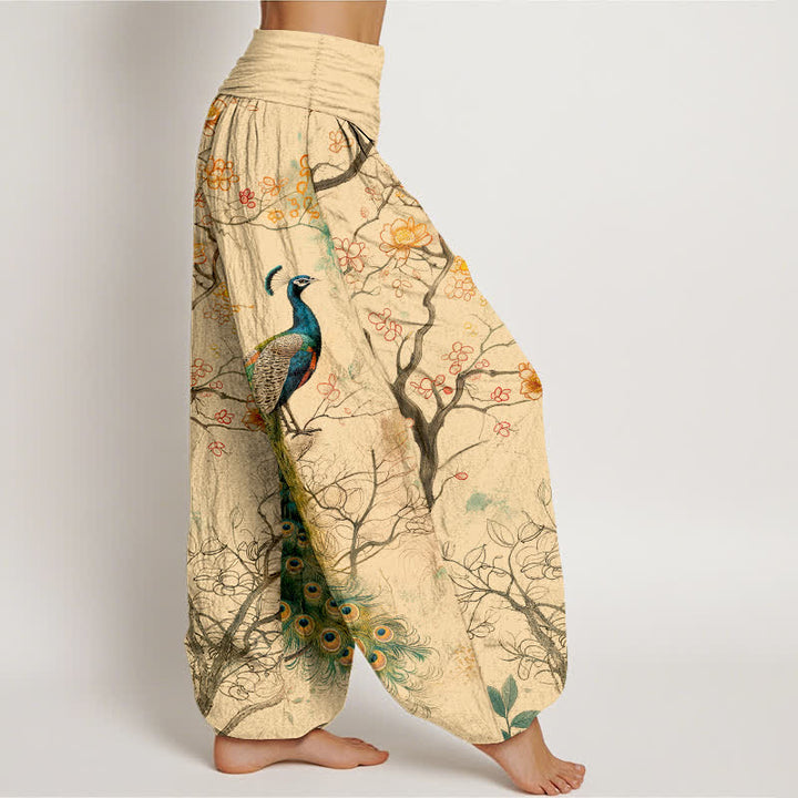 Buddha Stones Pantalones harem de algodón con estampado floral de pavo real y ramas para mujer, con cintura elástica. - image 1