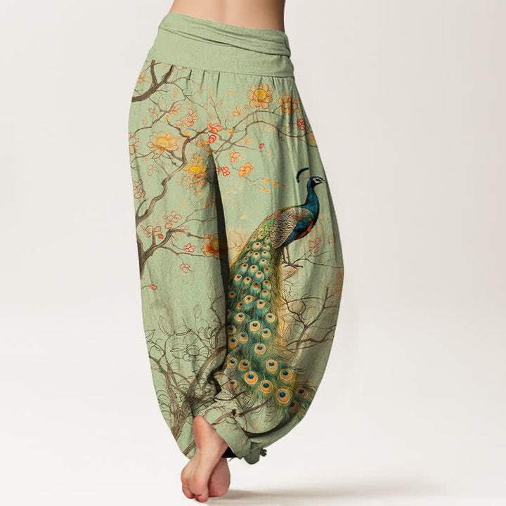 Buddha Stones Pantalones harem de algodón con estampado floral de pavo real y ramas para mujer, con cintura elástica. - image 7