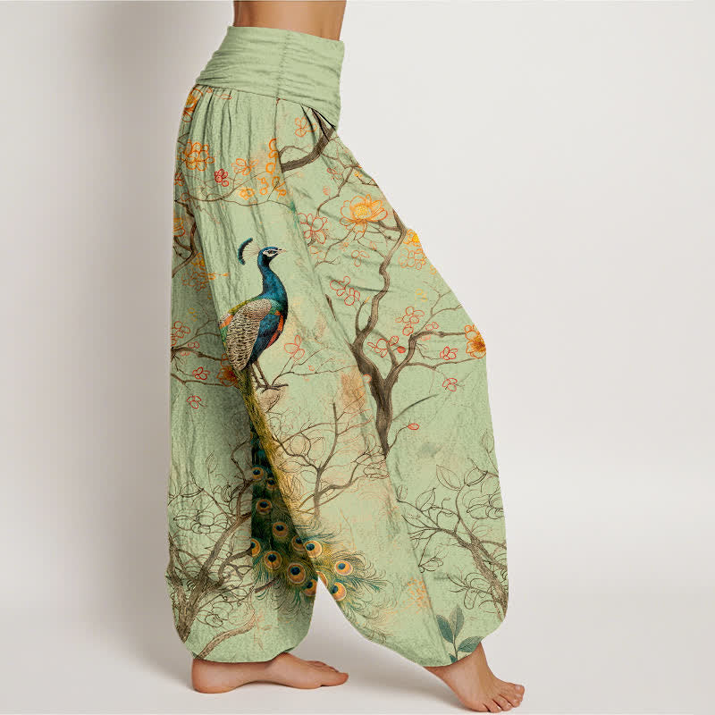 Buddha Stones Pantalones harem de algodón con estampado floral de pavo real y ramas para mujer, con cintura elástica. - image 6