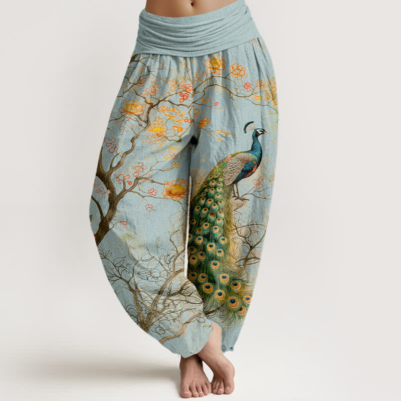 Buddha Stones Pantalones harem de algodón con estampado floral de pavo real y ramas para mujer, con cintura elástica. - Azul claro - US16，UK/AU20，EU48 (3XL) - image 8