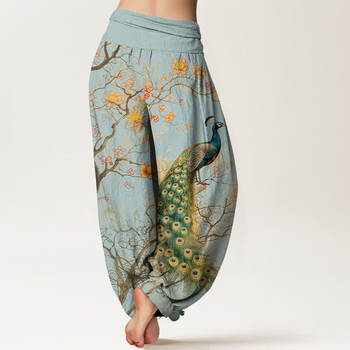 Buddha Stones Pantalones harem de algodón con estampado floral de pavo real y ramas para mujer, con cintura elástica. - image 10