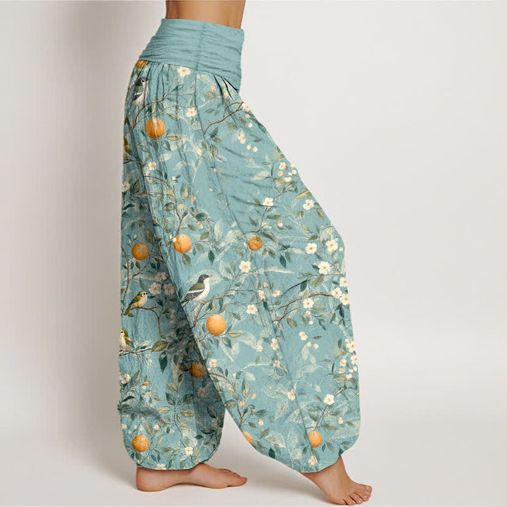 Buddha Stones Pantalones harem de cintura elástica para mujer con estampado de flores de naranjo y pájaros de algodón. - image 2