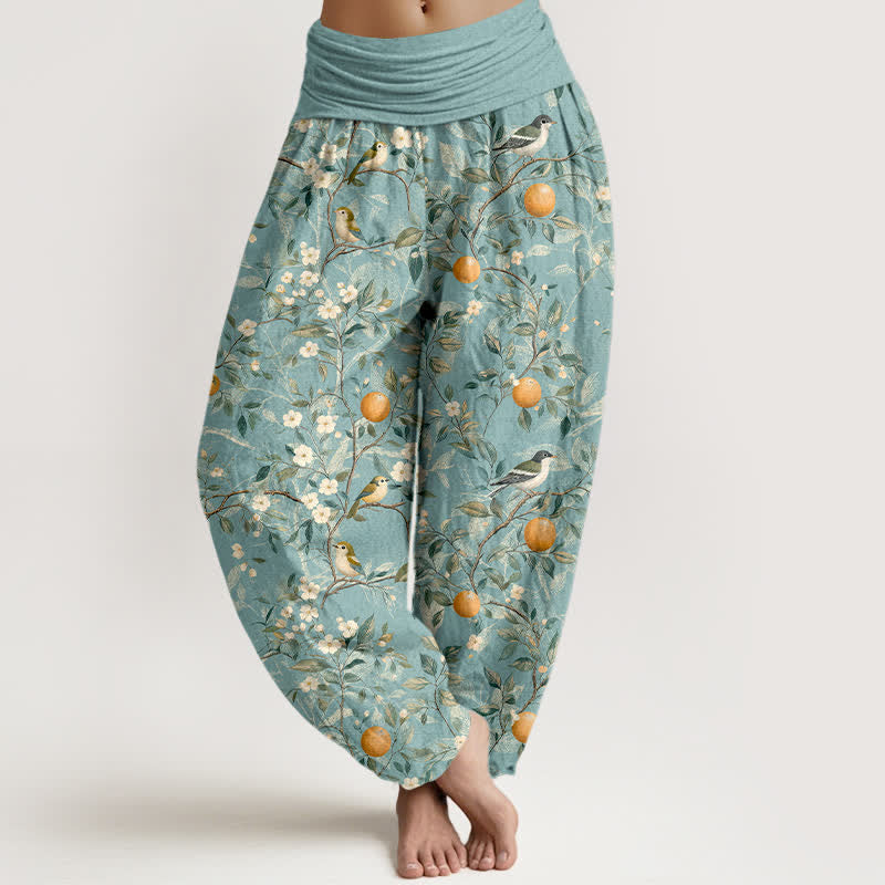 Buddha Stones Pantalones harem de cintura elástica para mujer con estampado de flores de naranjo y pájaros de algodón. - Celeste - US16，UK/AU20，EU48 (3XL) - image 0