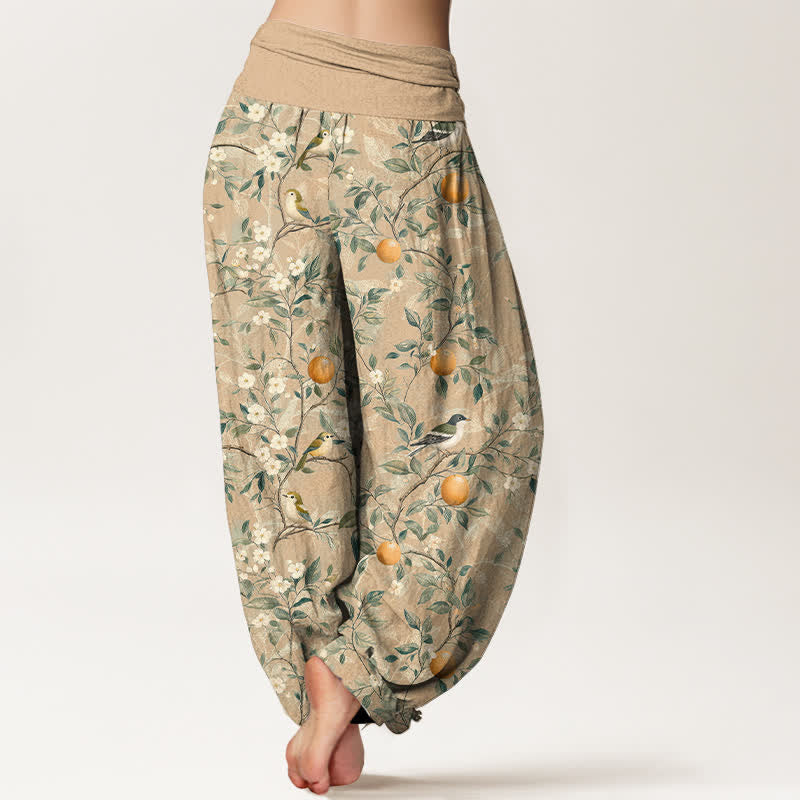 Buddha Stones Pantalones harem de cintura elástica para mujer con estampado de flores de naranjo y pájaros de algodón. - image 6