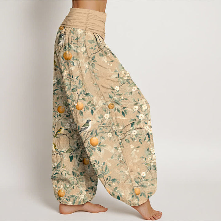 Buddha Stones Pantalones harem de cintura elástica para mujer con estampado de flores de naranjo y pájaros de algodón. - image 7