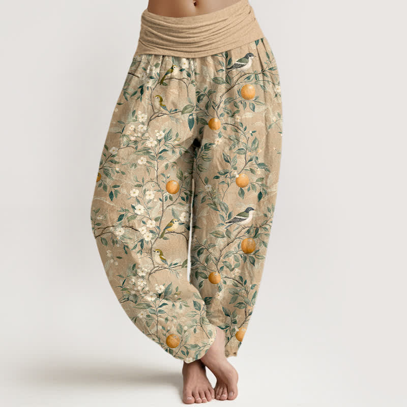 Buddha Stones Pantalones harem de cintura elástica para mujer con estampado de flores de naranjo y pájaros de algodón. - Broncearse - US16，UK/AU20，EU48 (3XL) - image 5