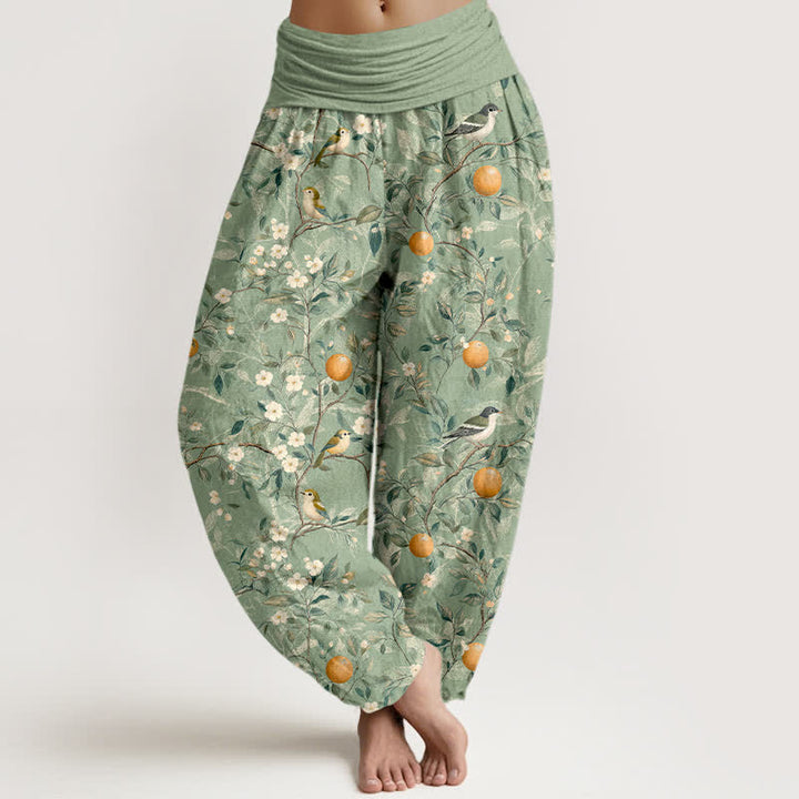 Buddha Stones Pantalones harem de cintura elástica para mujer con estampado de flores de naranjo y pájaros de algodón. - Verde mar oscuro - US16，UK/AU20，EU48 (3XL) - image 8