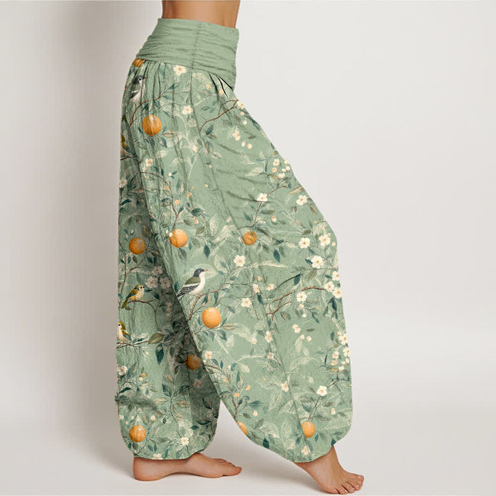 Buddha Stones Pantalones harem de cintura elástica para mujer con estampado de flores de naranjo y pájaros de algodón. - image 10