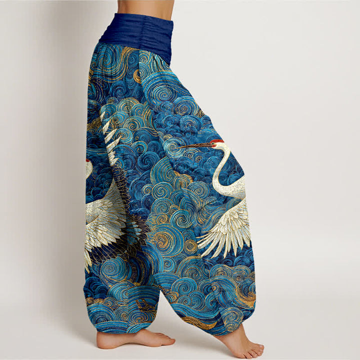 Buddha Stones Pantalones harem de mujer con cintura elástica y estampado de grullas blancas de algodón. - image 2