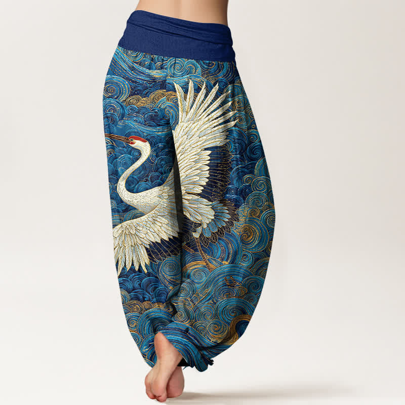 Buddha Stones Pantalones harem de mujer con cintura elástica y estampado de grullas blancas de algodón. - image 1