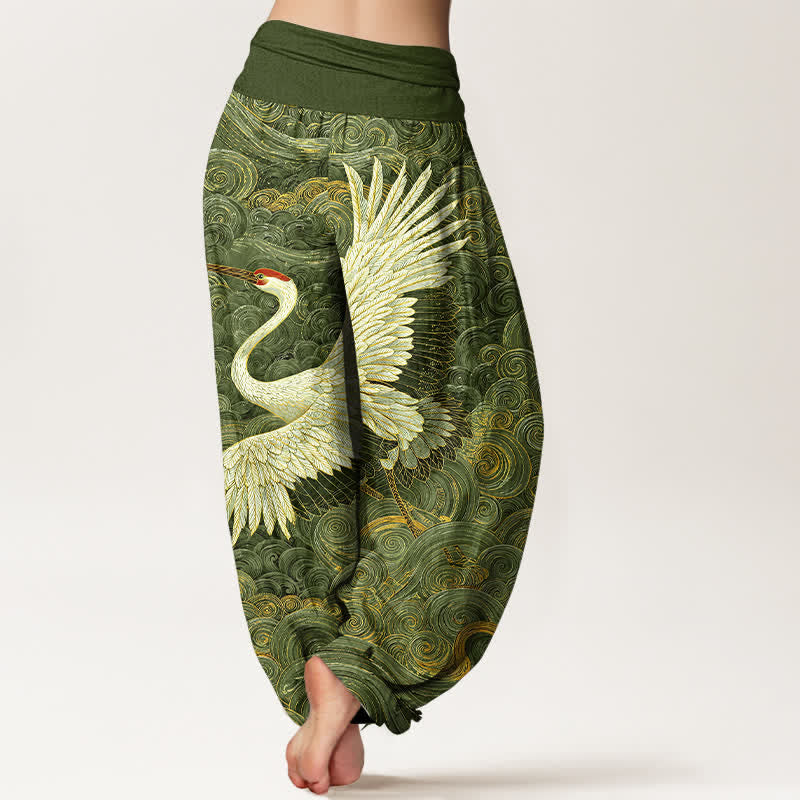 Buddha Stones Pantalones harem de mujer con cintura elástica y estampado de grullas blancas de algodón. - image 6