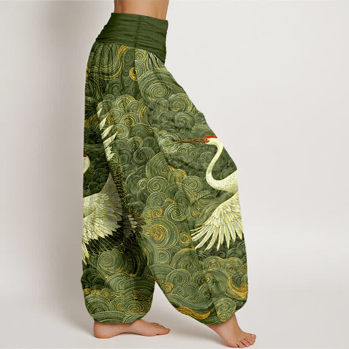 Buddha Stones Pantalones harem de mujer con cintura elástica y estampado de grullas blancas de algodón. - image 7
