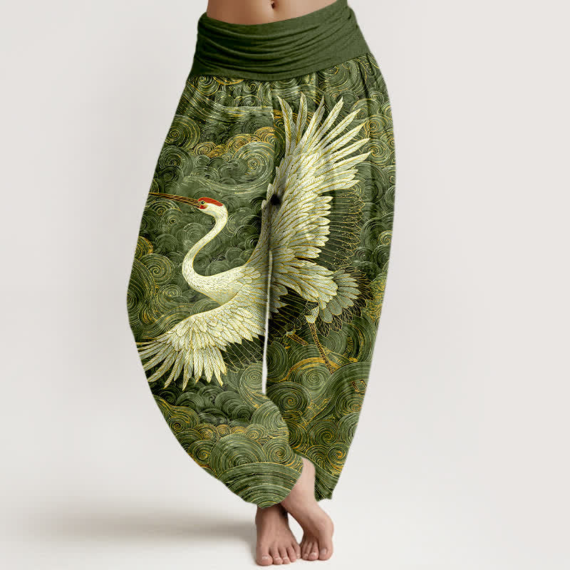 Buddha Stones Pantalones harem de mujer con cintura elástica y estampado de grullas blancas de algodón. - Verde - US16，UK/AU20，EU48 (3XL) - image 5