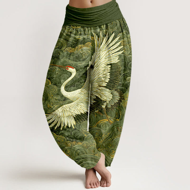 Buddha Stones Pantalones harem de mujer con cintura elástica y estampado de grullas blancas de algodón. - Verde - US16，UK/AU20，EU48 (3XL) - image 5