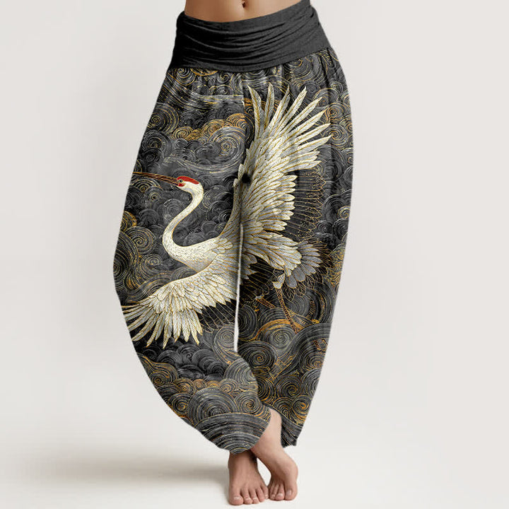 Buddha Stones Pantalones harem de mujer con cintura elástica y estampado de grullas blancas de algodón. - Gris oscuro - US16，UK/AU20，EU48 (3XL) - image 8