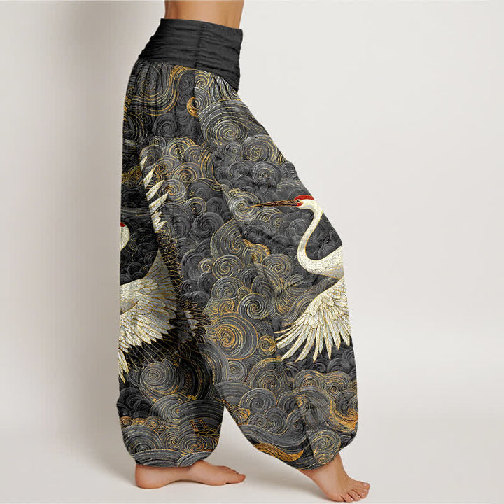 Buddha Stones Pantalones harem de mujer con cintura elástica y estampado de grullas blancas de algodón. - image 10