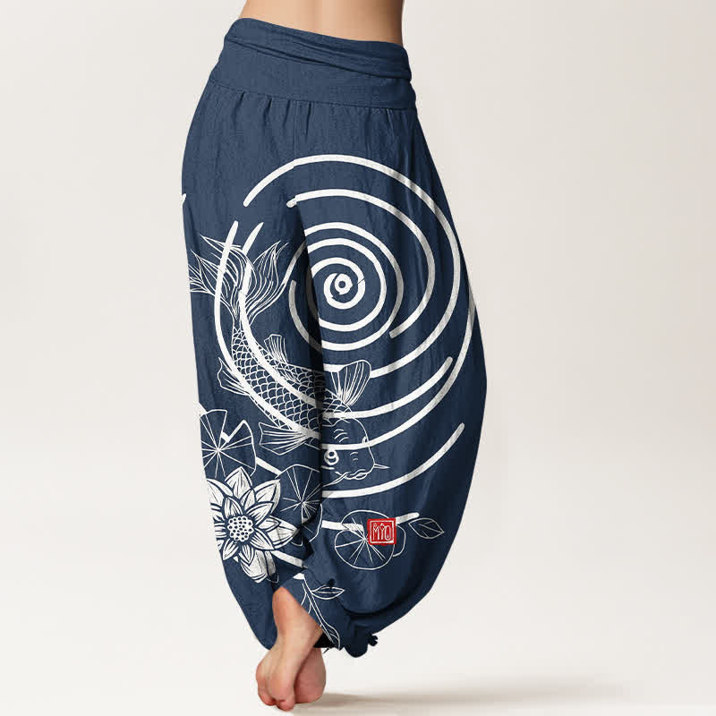 Buddha Stones Pantalones harem de algodón con estampado de peces koi y loto para mujer, con cintura elástica. - image 1