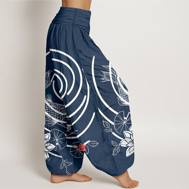 Buddha Stones Pantalones harem de algodón con estampado de peces koi y loto para mujer, con cintura elástica. - image 2