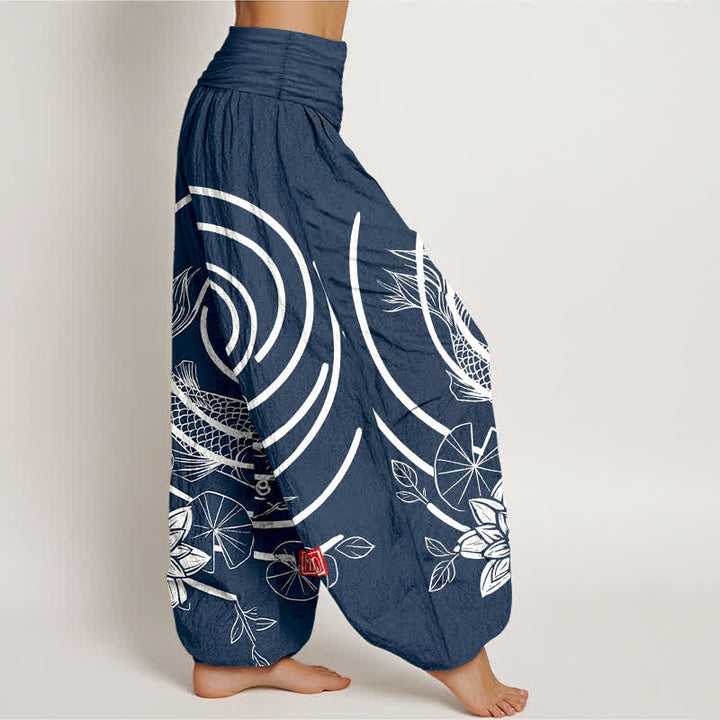 Buddha Stones Pantalones harem de algodón con estampado de peces koi y loto para mujer, con cintura elástica. - image 2