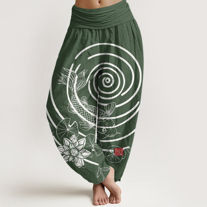 Buddha Stones Pantalones harem de algodón con estampado de peces koi y loto para mujer, con cintura elástica. - Verde bosque - US16，UK/AU20，EU48 (3XL) - image 5