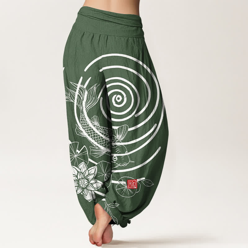 Buddha Stones Pantalones harem de algodón con estampado de peces koi y loto para mujer, con cintura elástica. - image 6