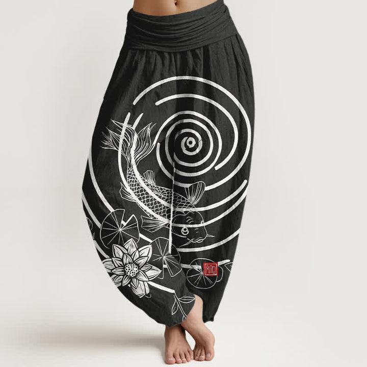Buddha Stones Pantalones harem de algodón con estampado de peces koi y loto para mujer, con cintura elástica. - Negro - US16，UK/AU20，EU48 (3XL) - image 8
