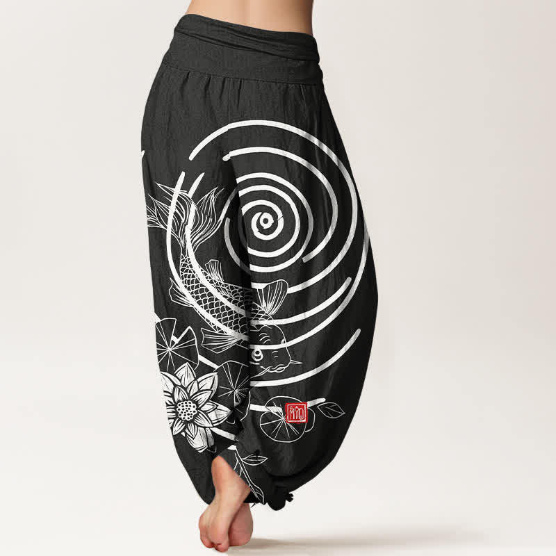 Buddha Stones Pantalones harem de algodón con estampado de peces koi y loto para mujer, con cintura elástica. - image 9