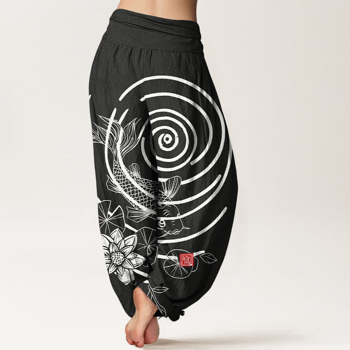 Buddha Stones Pantalones harem de algodón con estampado de peces koi y loto para mujer, con cintura elástica. - image 9