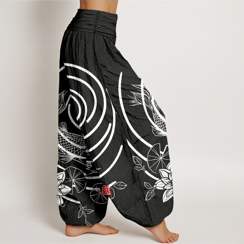 Buddha Stones Pantalones harem de algodón con estampado de peces koi y loto para mujer, con cintura elástica. - image 10