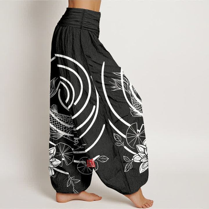Buddha Stones Pantalones harem de algodón con estampado de peces koi y loto para mujer, con cintura elástica. - image 10
