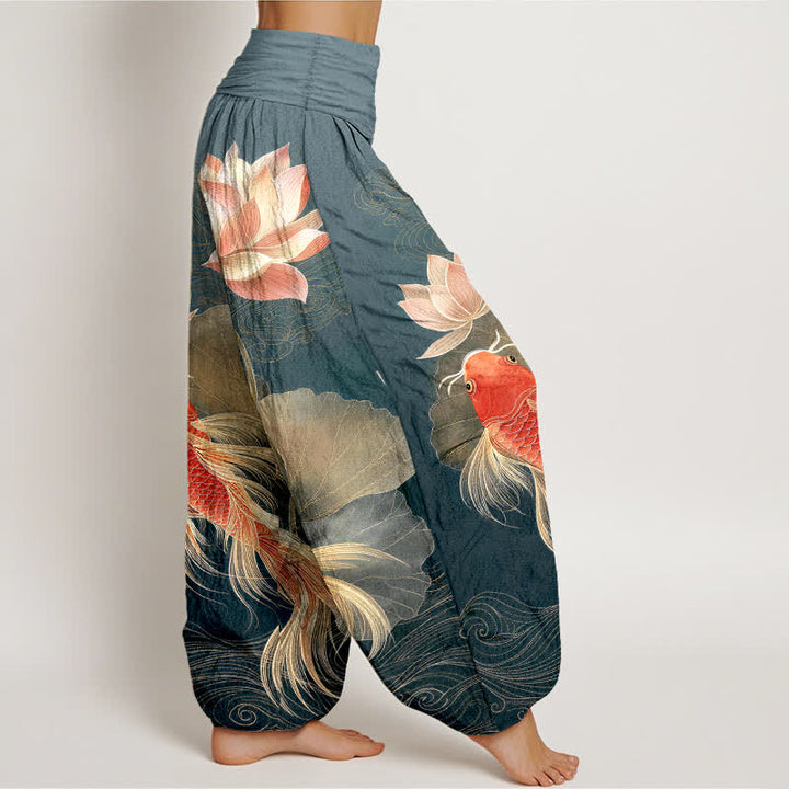 Buddha Stones Pantalones harem de algodón elegantes con estampado de peces koi dorados y loto para mujer con cintura elástica. - image 2