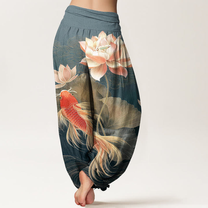 Buddha Stones Pantalones harem de algodón elegantes con estampado de peces koi dorados y loto para mujer con cintura elástica. - image 1