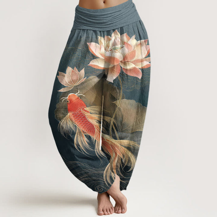 Buddha Stones Pantalones harem de algodón elegantes con estampado de peces koi dorados y loto para mujer con cintura elástica. - Verde azulado - US16，UK/AU20，EU48 (3XL) - image 0