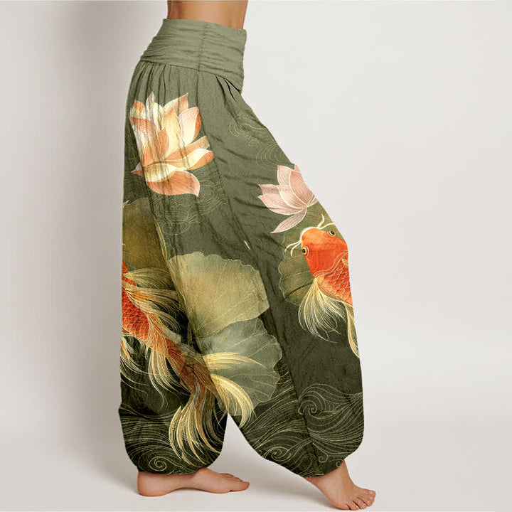 Buddha Stones Pantalones harem de algodón elegantes con estampado de peces koi dorados y loto para mujer con cintura elástica. - image 7